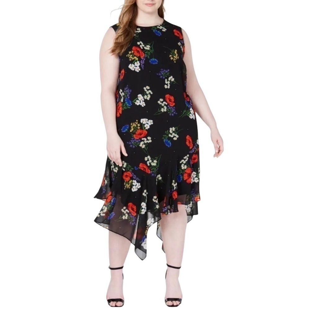 Calvin Klein Handkerchief Hem Chiffon Floral Dress Size 20W